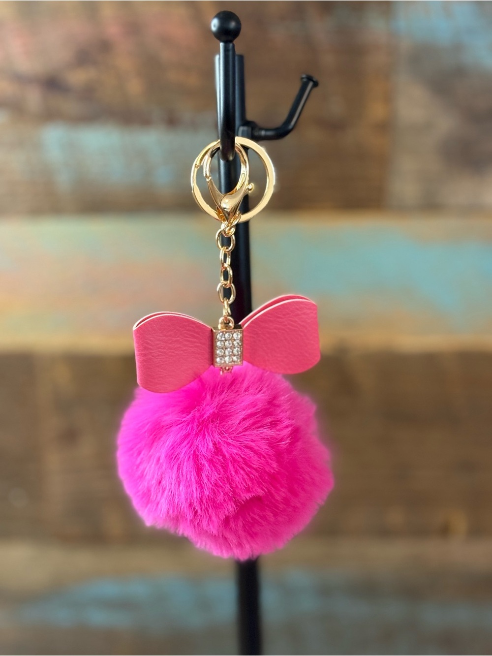 Fuchsia Faux Fur Pom Pom Keychain with Bow and Gold Hardware